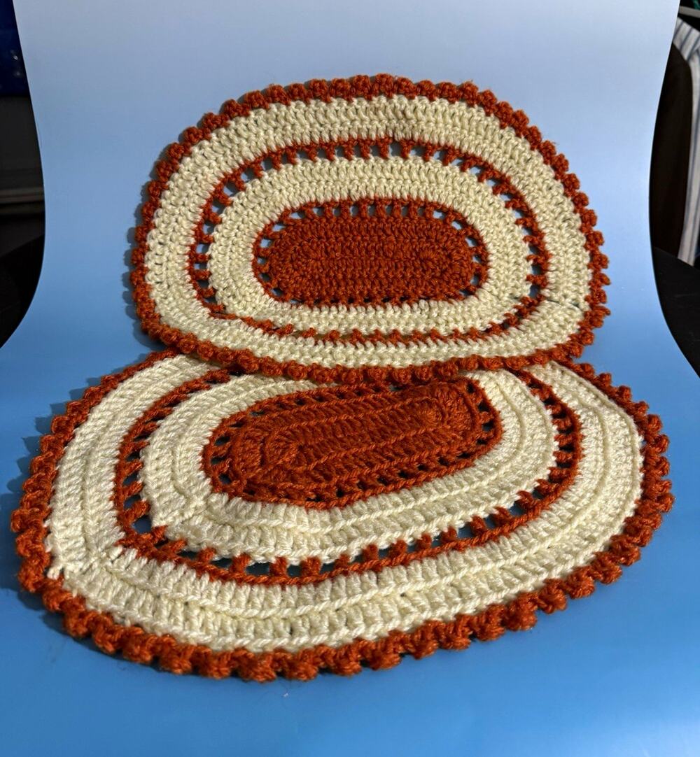 Set of 2 Handmade Crocheted Oval Placemats Brown Cream Yarn Kitchen